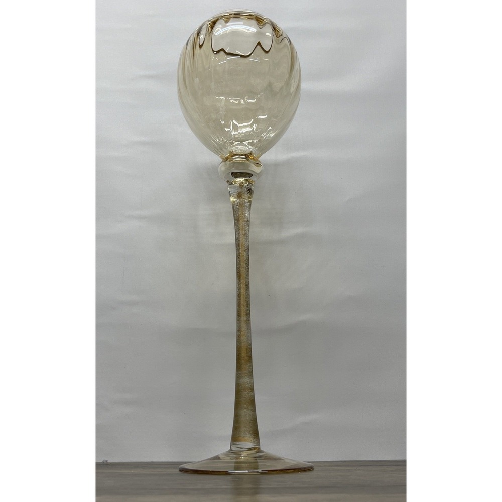 Vintage Amber Gold Art Glass Tall Stem Hurricane Candle Holder 19" Ribbed